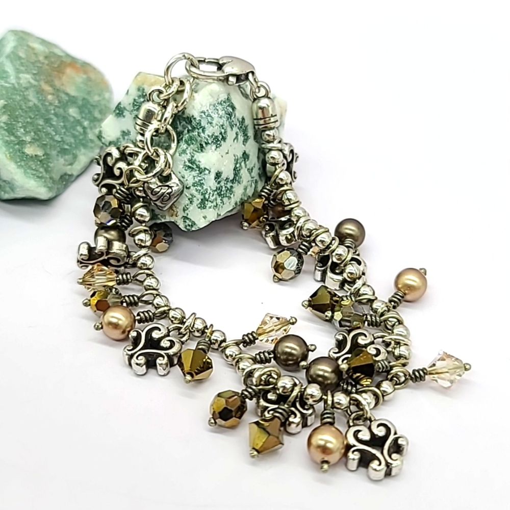 Brighton "CANNES" Bronze Swarovski Crystal Beads, Hearts,& Pearl Detail Bracelet